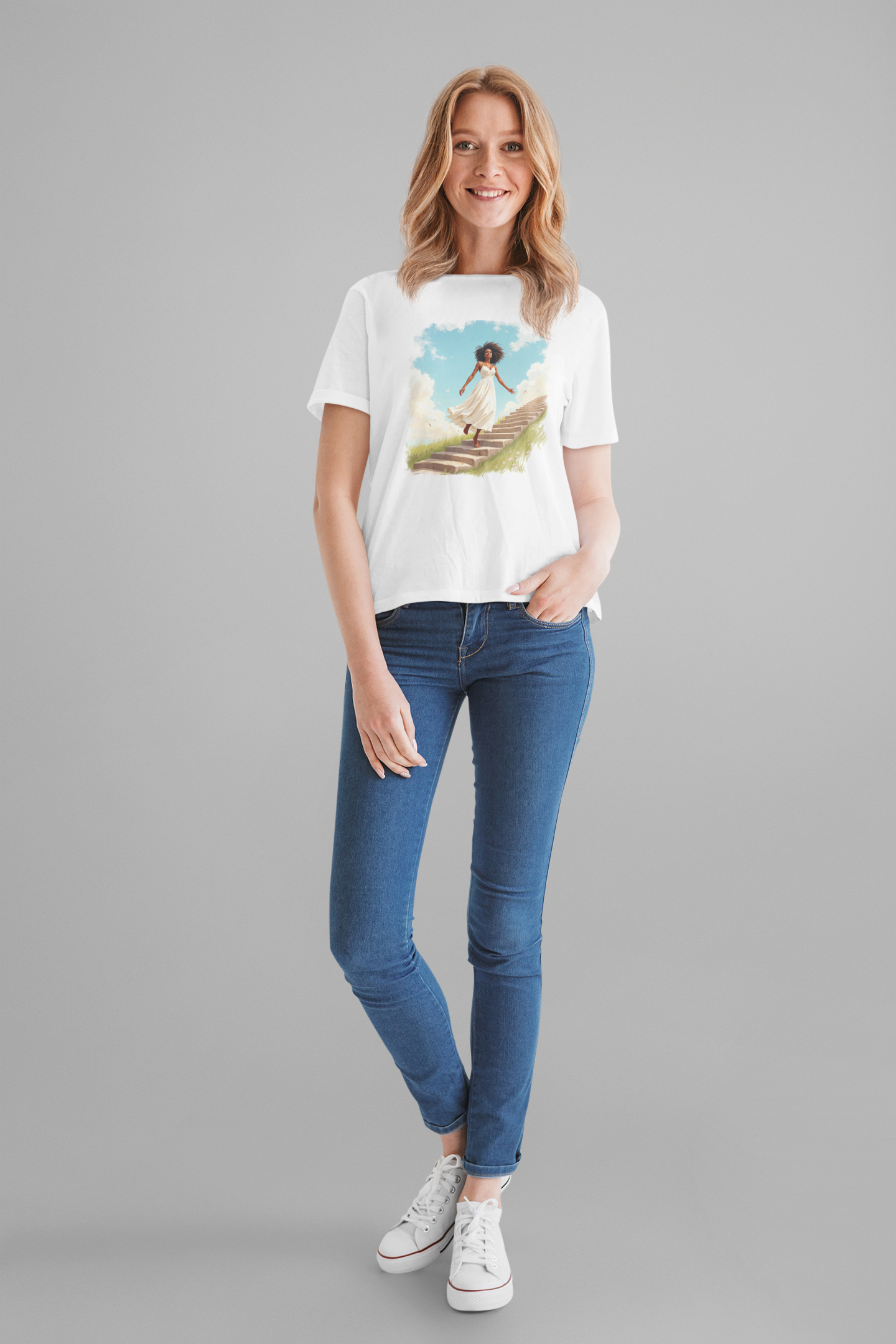 Graceful Woman in White Dress Walking on Stairs – Blue Sky & Green Ground Graphic T-Shirt