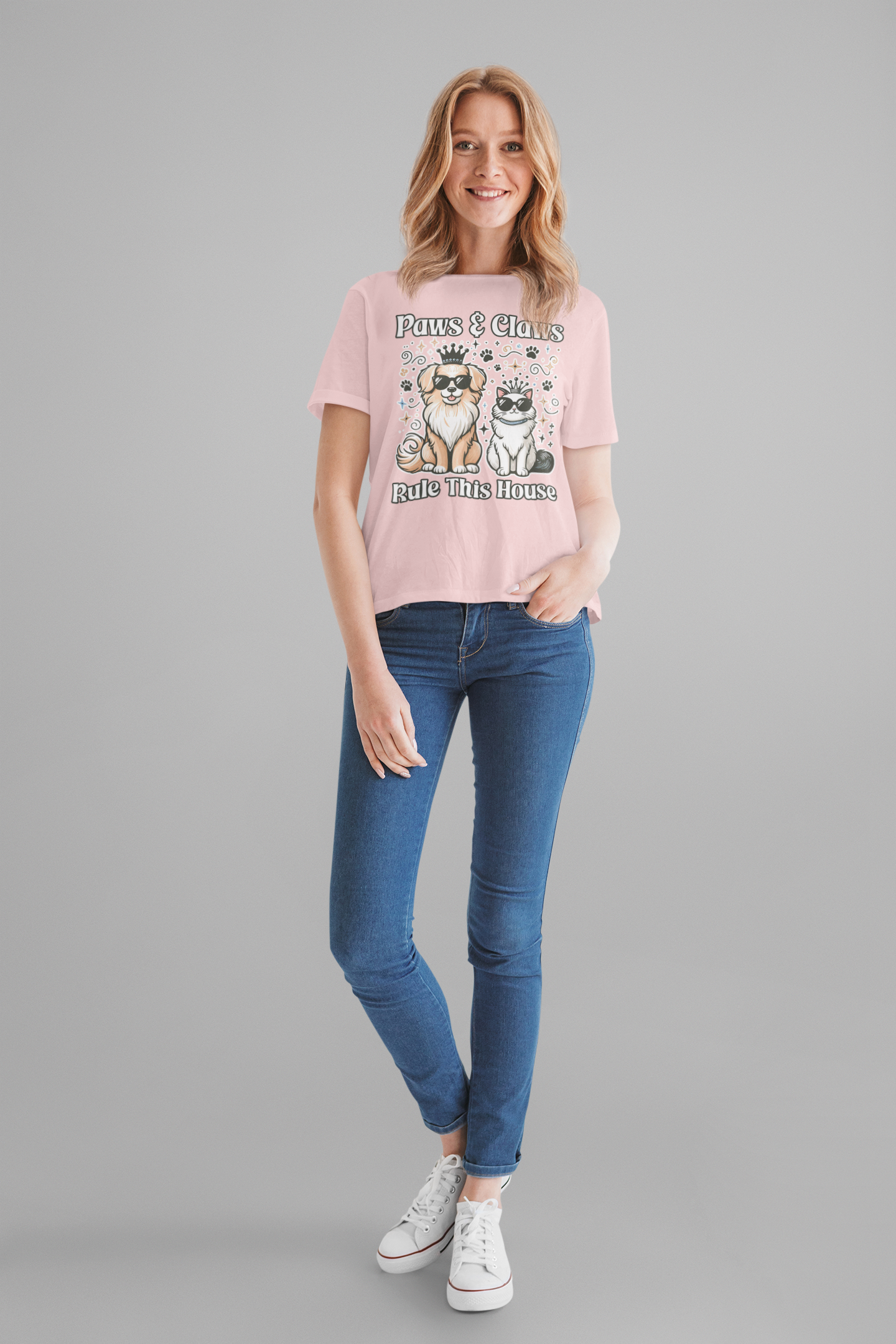 Paws and Claws Rule the House | Smiling Dog & Cat with Paw Shapes T-Shirt