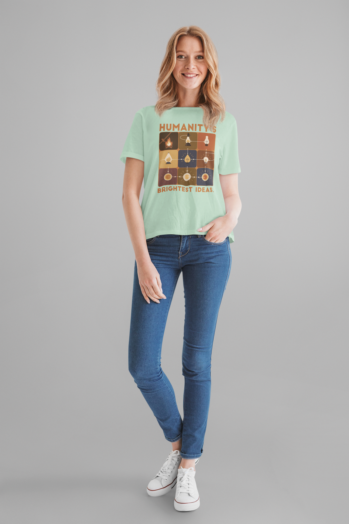 Humanity’s Bright Ideas Tshirt – Evolution from Fire to Fiber Optics Graphic