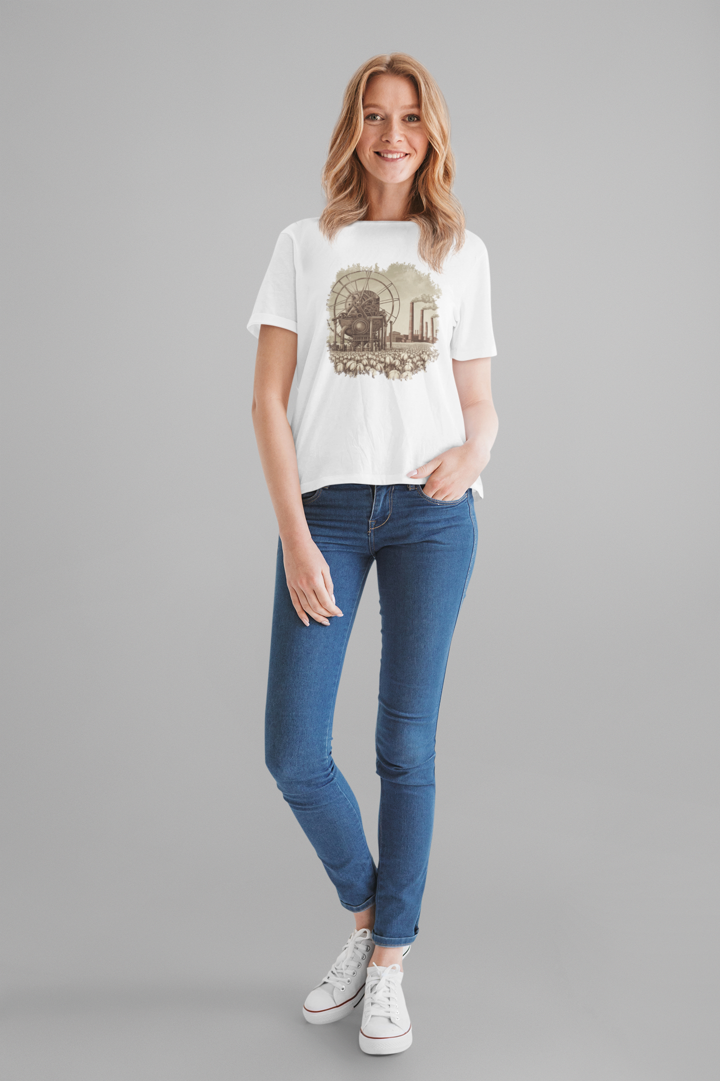 Cotton Gin Club Tshirt – Harvest-Ready Cotton Field with Historic Spinning Machine and Factory