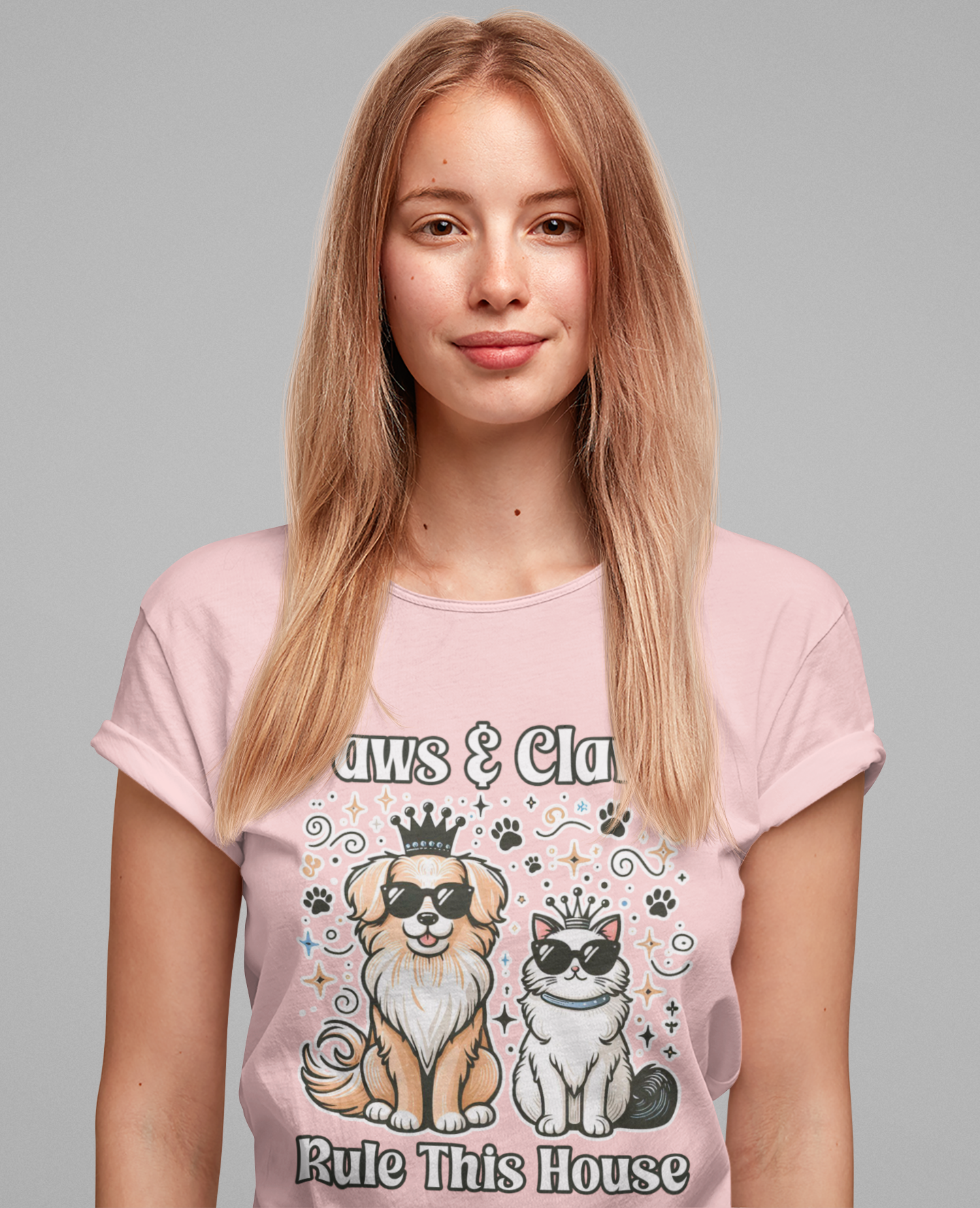 Paws and Claws Rule the House | Smiling Dog & Cat with Paw Shapes T-Shirt