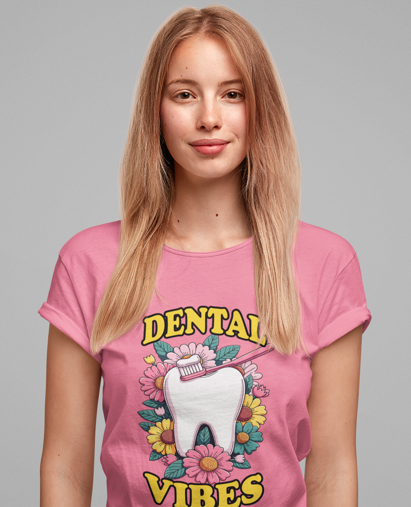 Dental Vibes T Shirt Large Tooth with Brush Paste and Flower Design