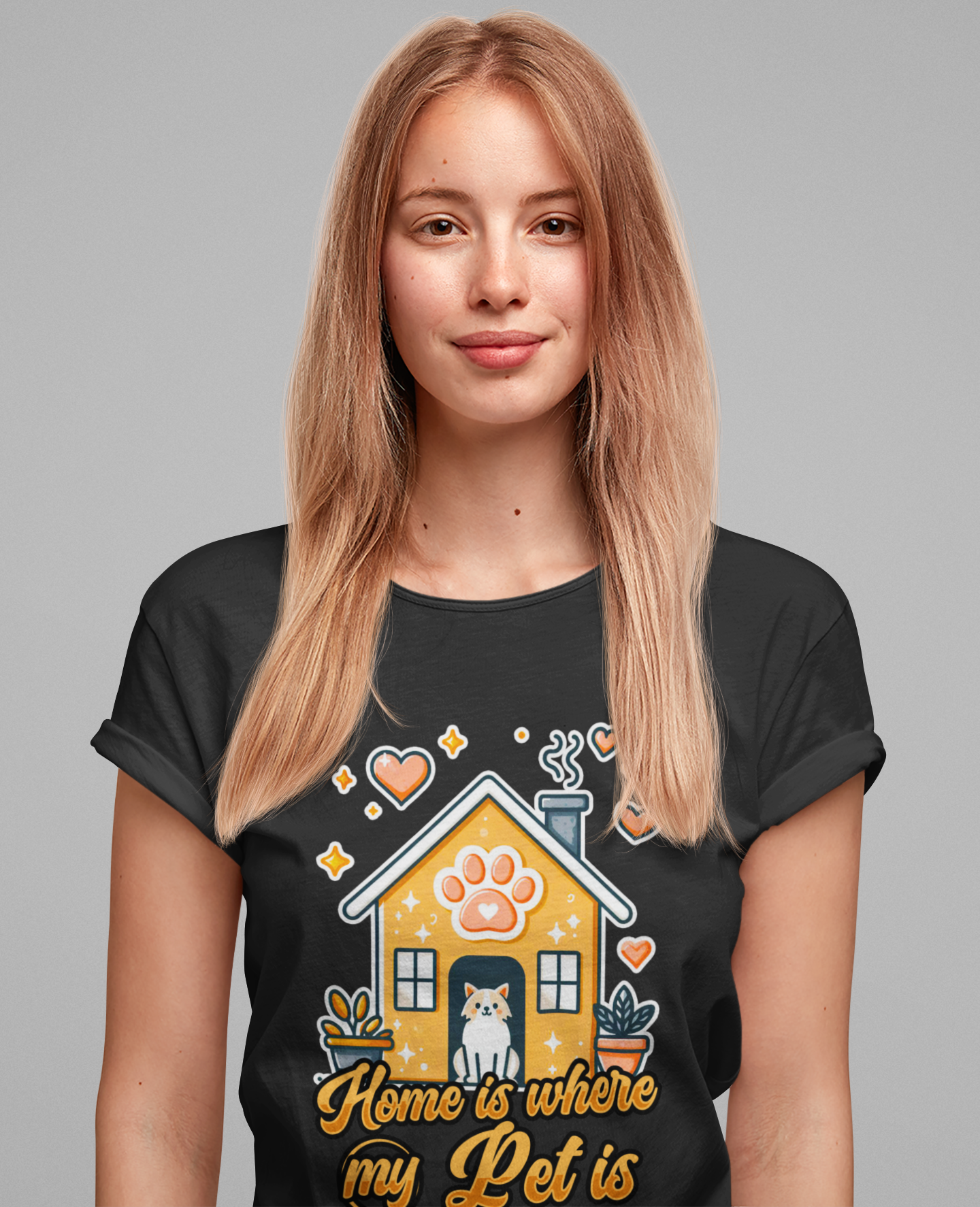 Home is Where My Pet Is | Dog at Dog House with Stars & Hearts T-Shirt