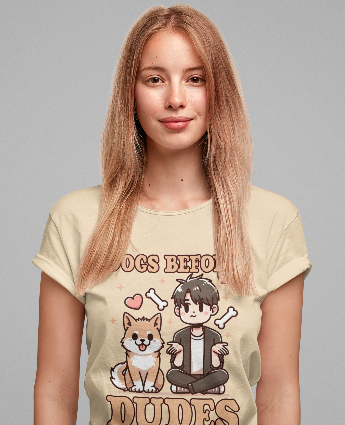 Dogs Before Dudes | Smiling Puppy & Surprised Boy with Hearts, Bones, and Stars T-Shirt