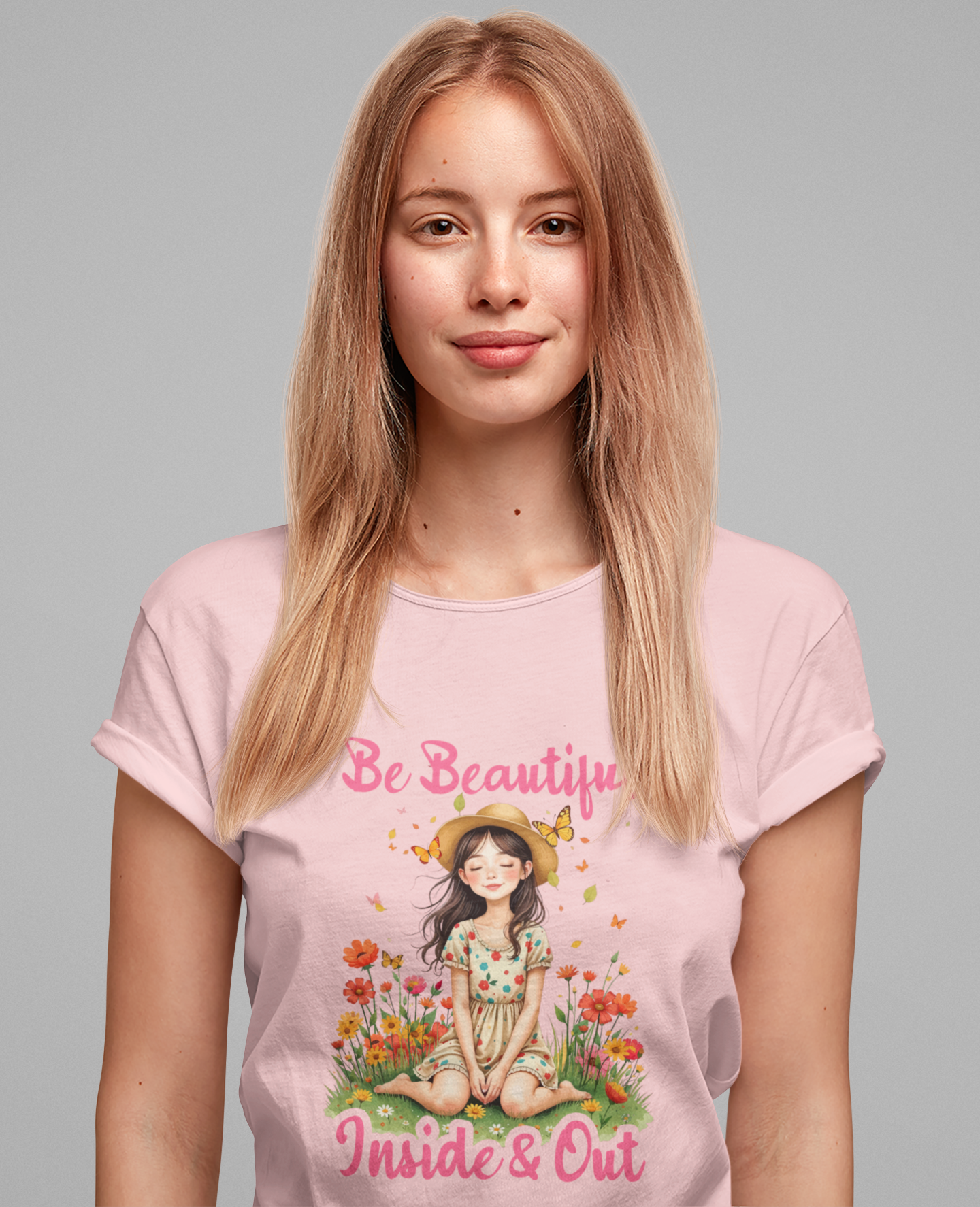 Be Beautiful Inside and Out – Girl Sitting with hat Surrounded by Flowers Graphic T-Shirt