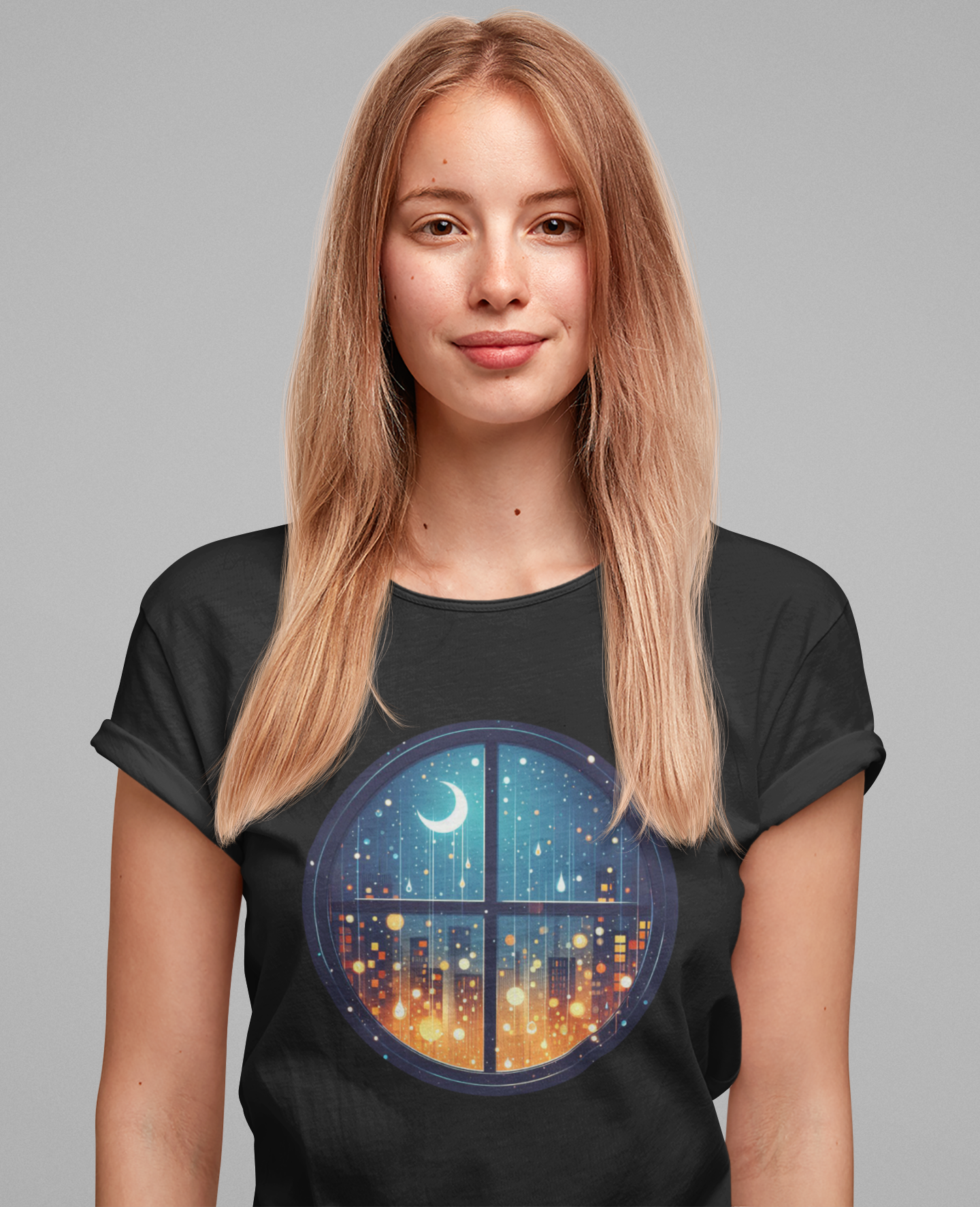 Dreaming Under Drizzles – Crescent Moon & Rainy Night in a City Window Graphic T-Shirt