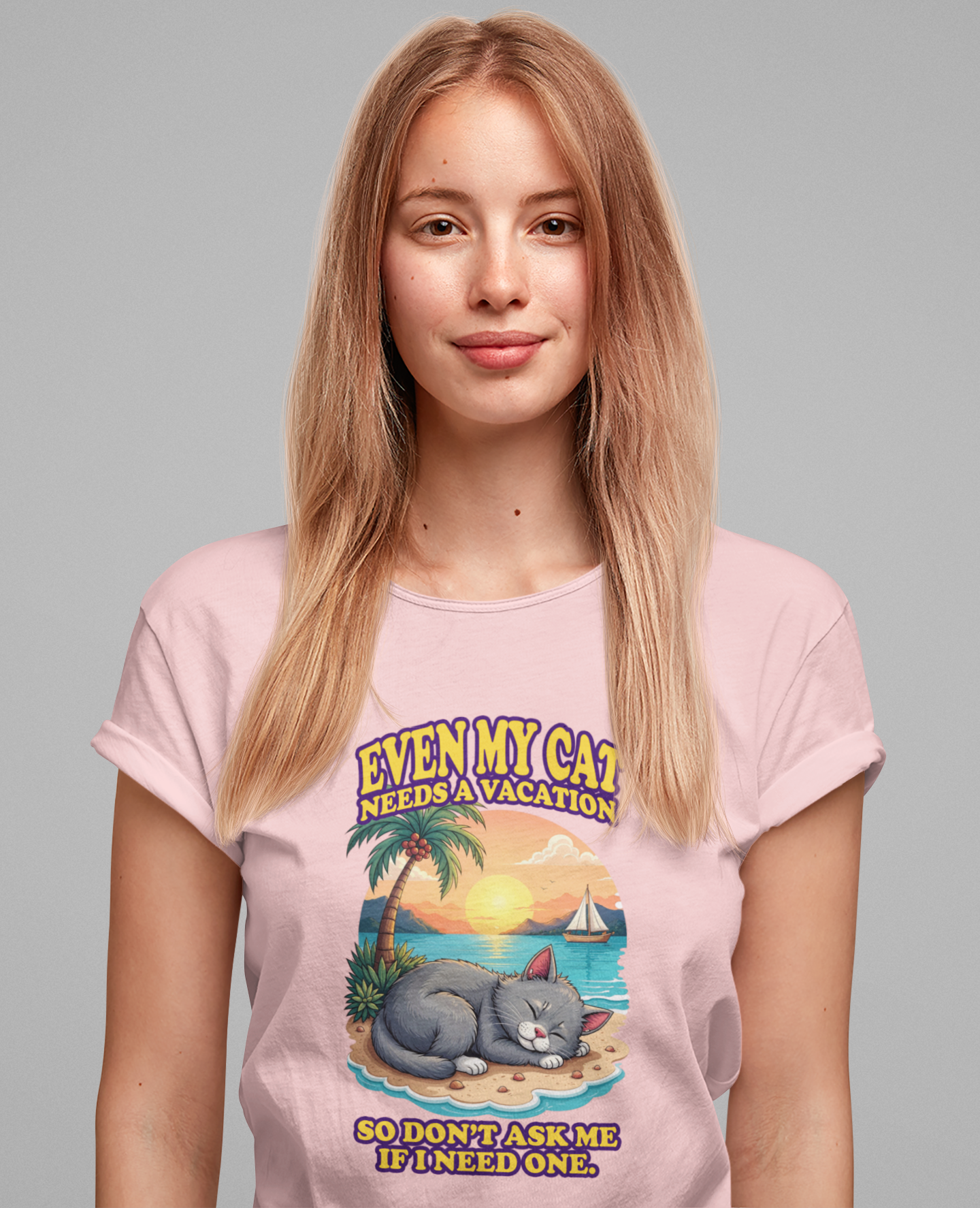 Even My Cat Needs a Vacation T-Shirt – Funny Cat Beach Graphic Tee