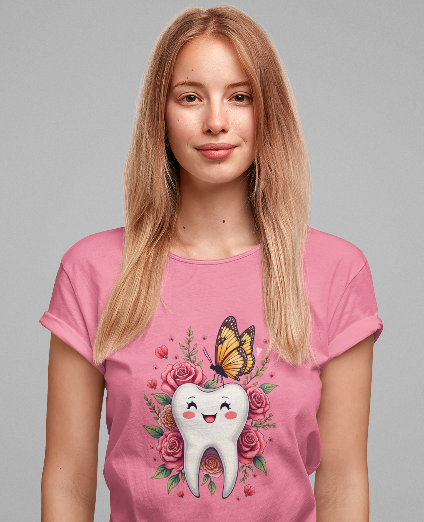 Smile T Shirt Featuring Large Smiling Tooth Surrounded by Flowers Leaves and Butterflies