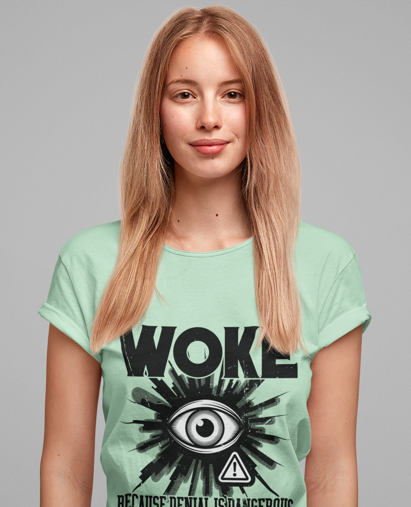 WOKE Because Denial Is Dangerous | Black Eye & Caution Symbol Graphic T-Shirt