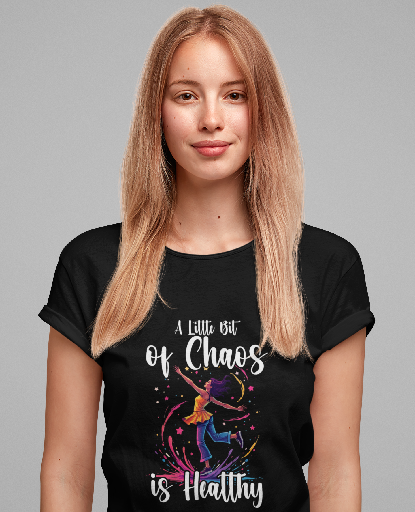A Little Bit of Chaos Is Healthy – Girl Balancing on Colorful Splash with Stars Graphic T-Shirt