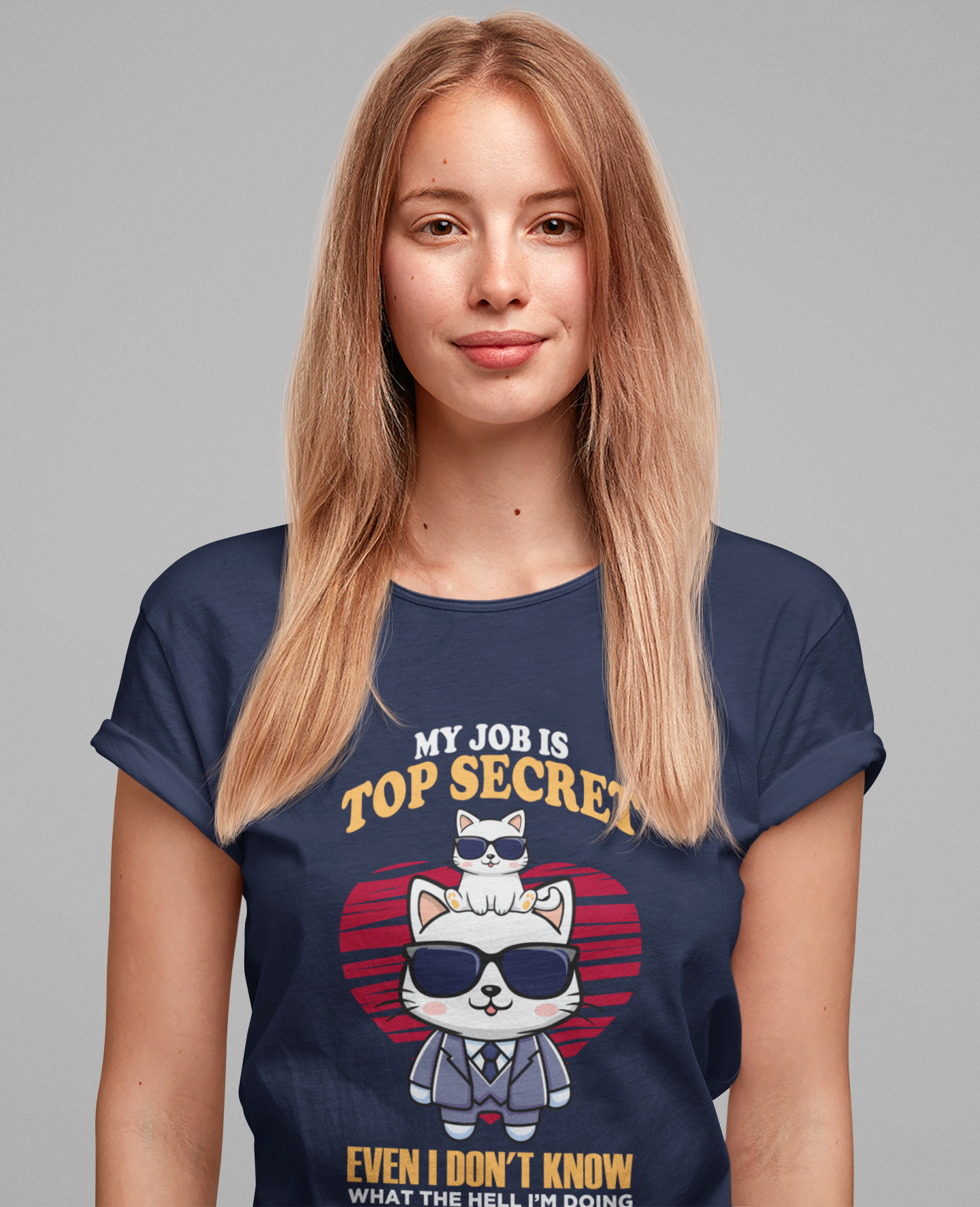 My Job Is Top Secret Tshirt - Stylish cat wearing black goggles and a sharp suit Humor