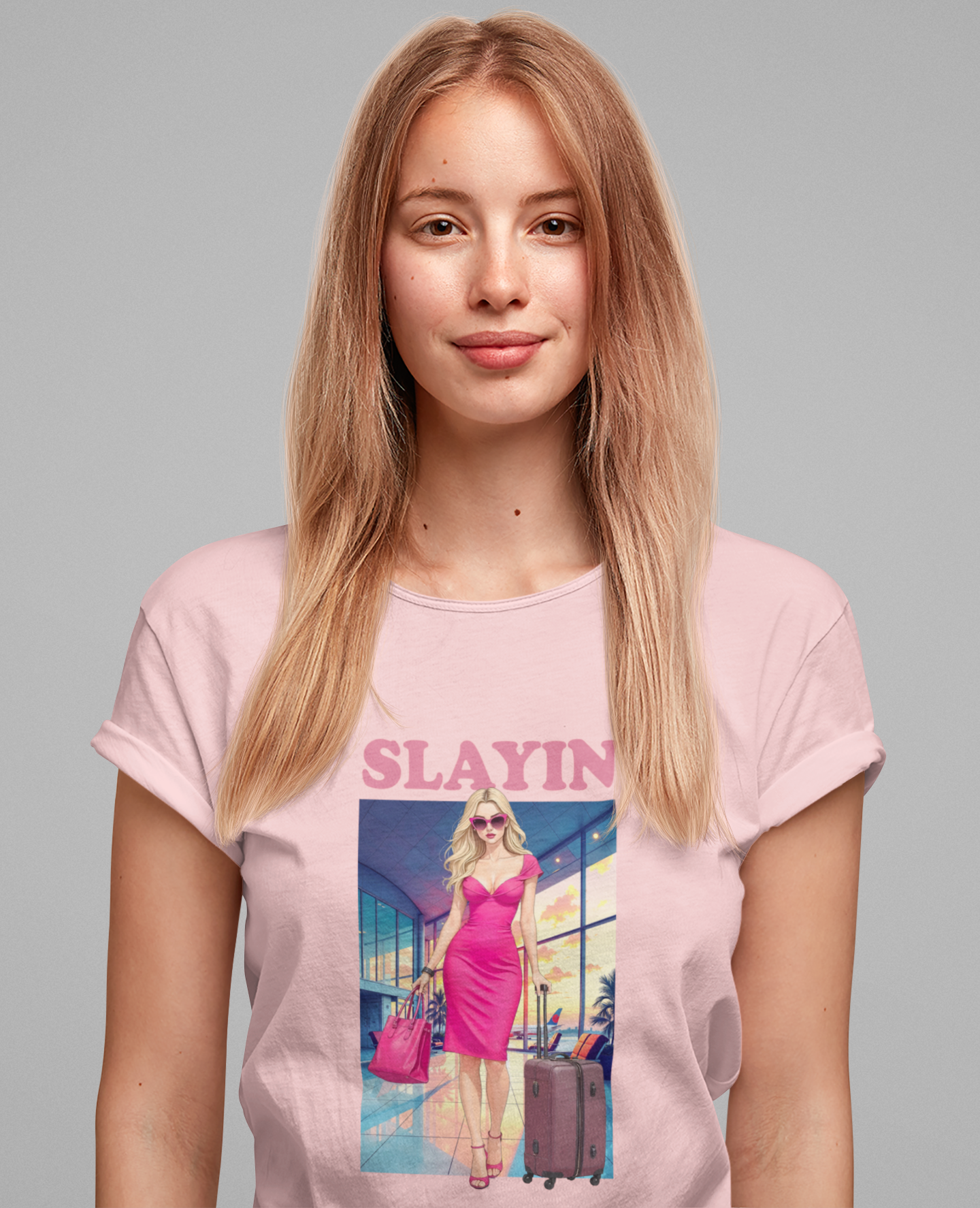 Slayin’ – Pink Airport Lounge Fashion Graphic T-Shirt