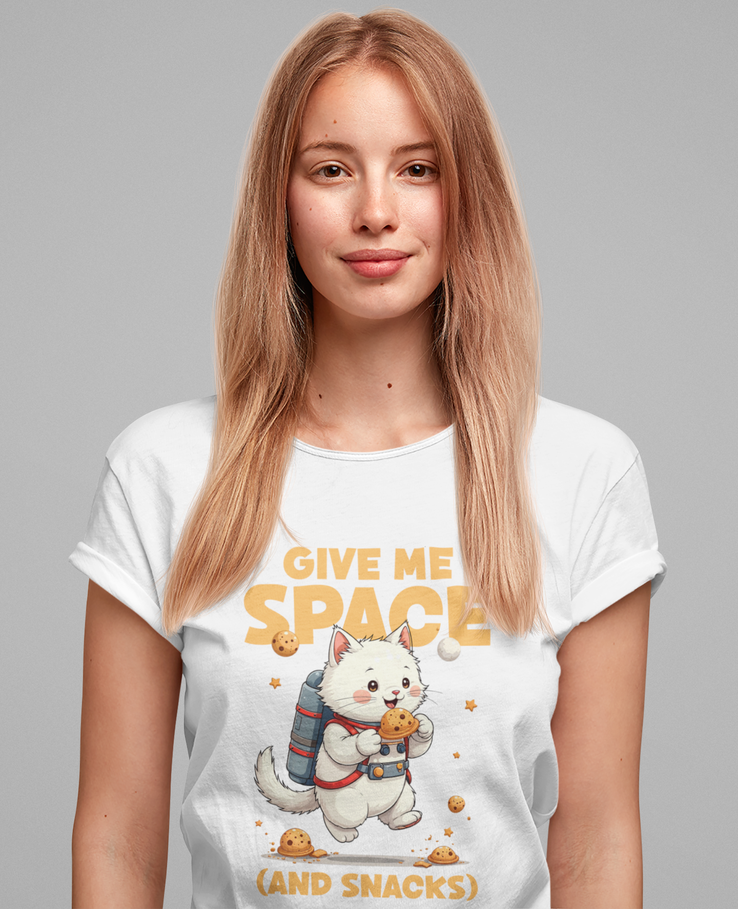 Give Me Space (and Snacks) – Jetpack Cat Walking with Snacks Funny Graphic T-Shirt