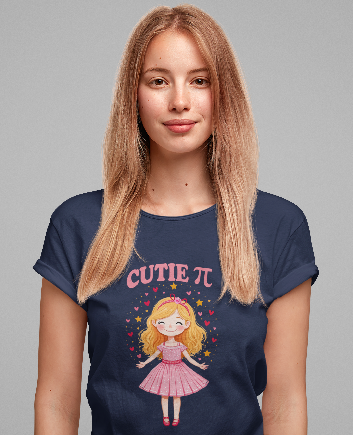 Cutie Pi Tshirt – Happy Girl with Pi Symbol, Hearts, and Stars Graphic