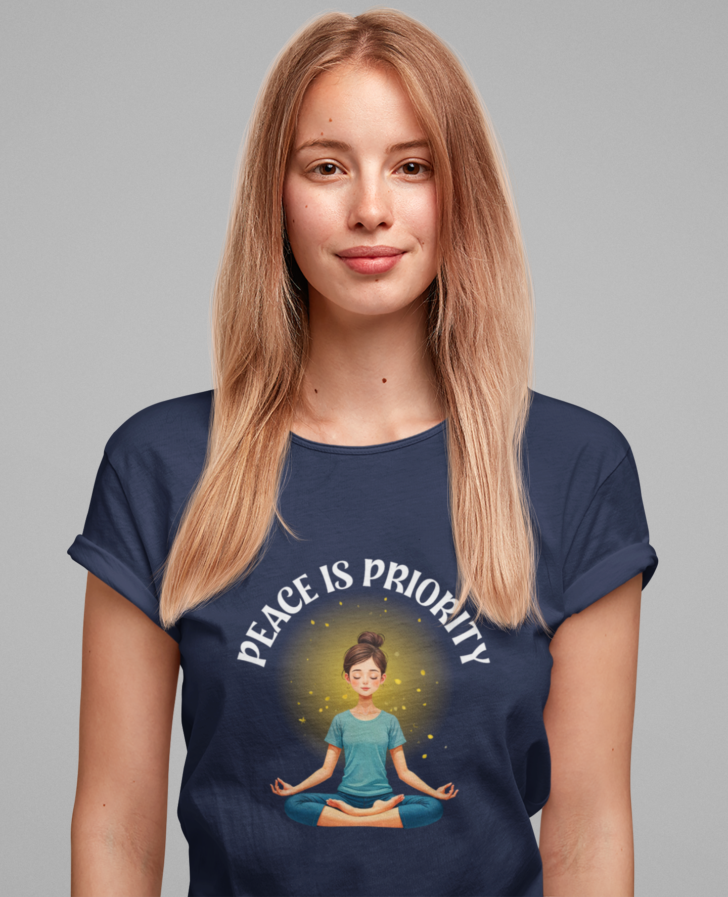 Peace Is Priority – Meditating Woman with Glowing Aura Graphic T-Shirt