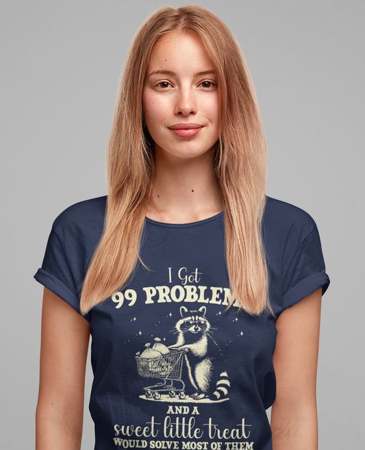 Raccoon with Sunglasses T-Shirt – Funny Shopping Cart & Cash Bags Graphic Tee