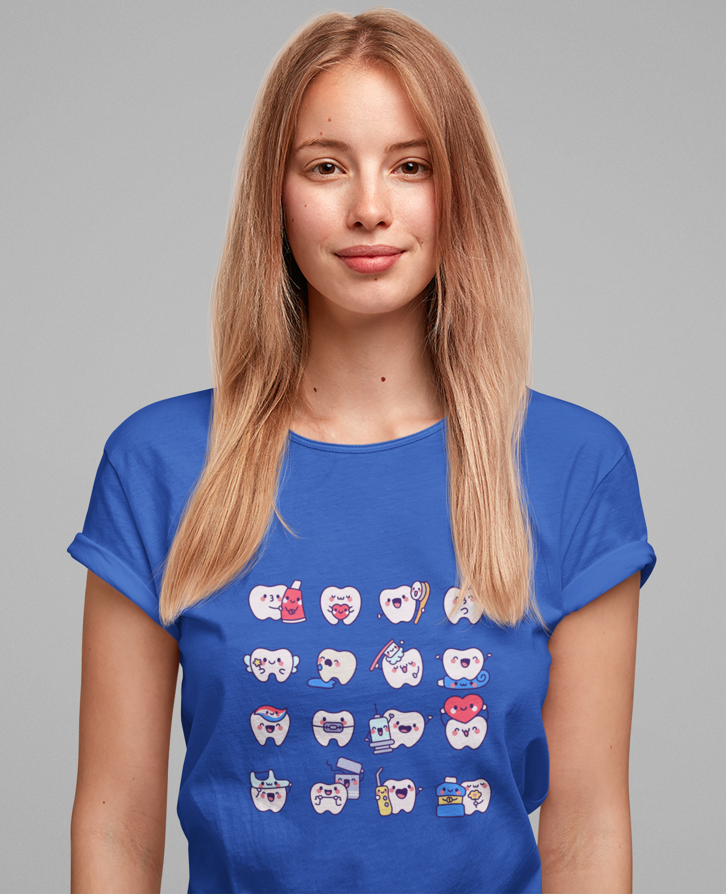 Happy Smiling Teeth T Shirt Sixteen Tooth Characters with Dental Care Items