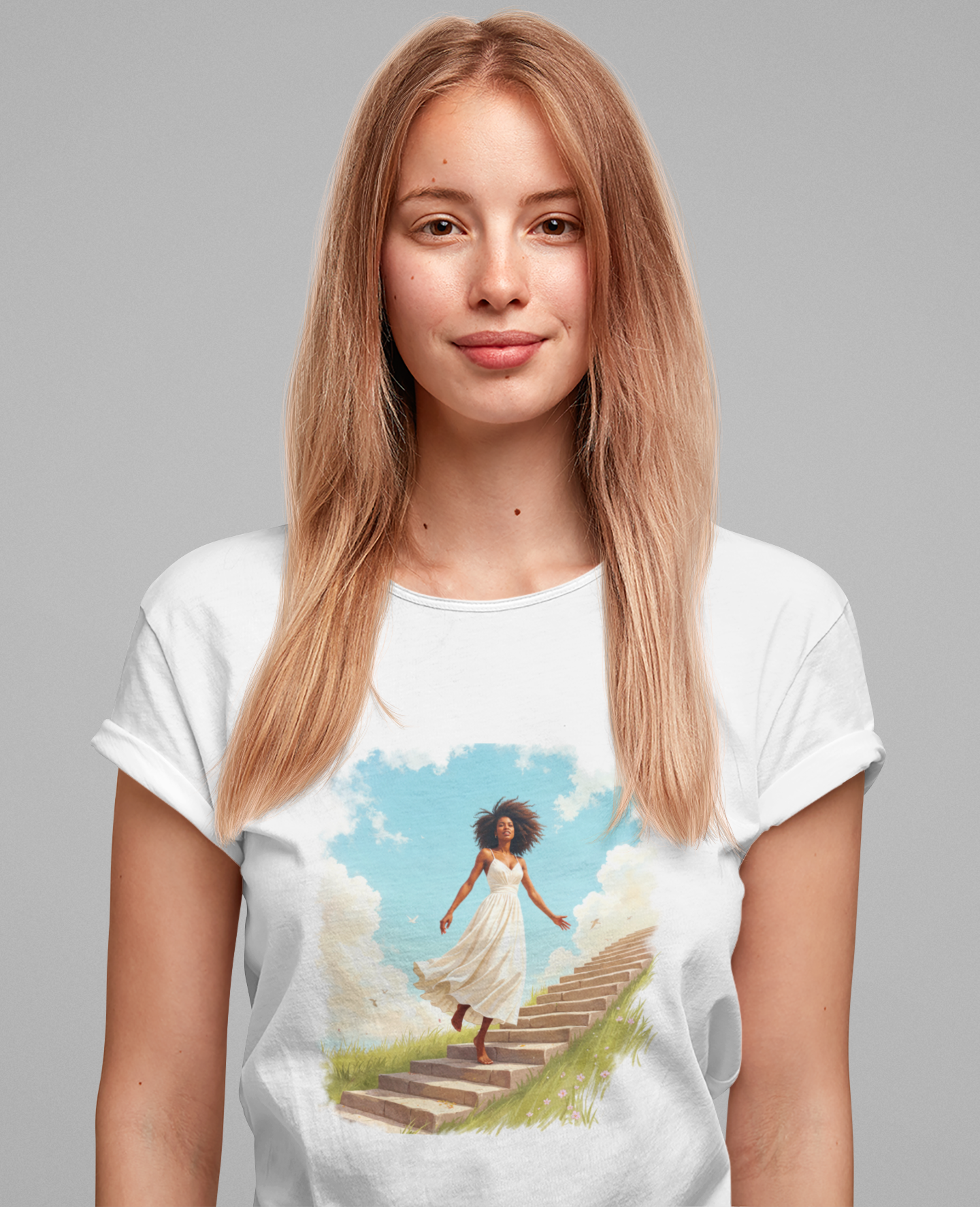 Graceful Woman in White Dress Walking on Stairs – Blue Sky & Green Ground Graphic T-Shirt