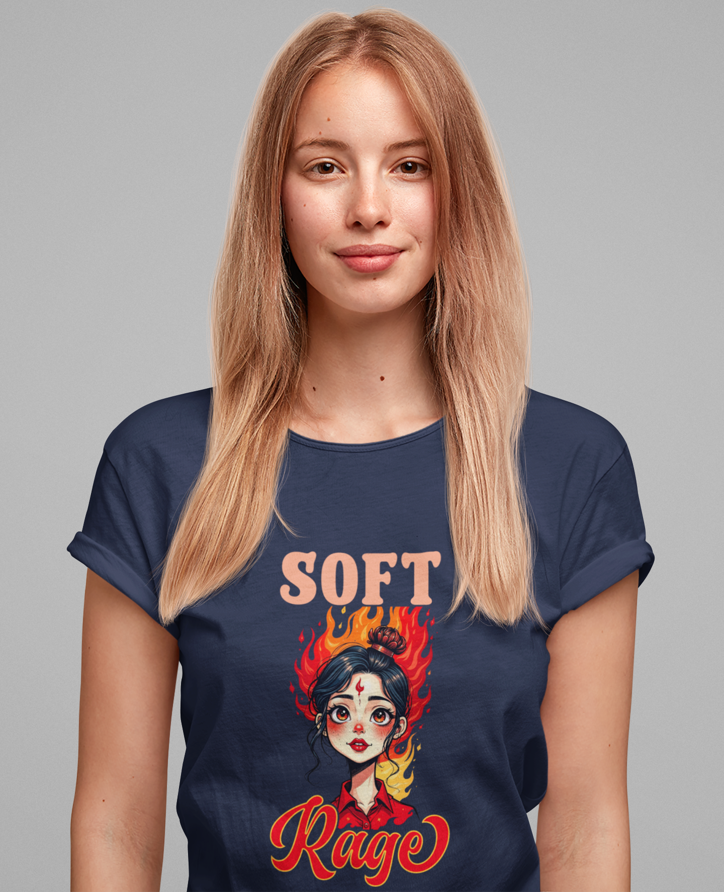 Soft Rage – Emotional Woman with Fiery Background Graphic T-Shirt