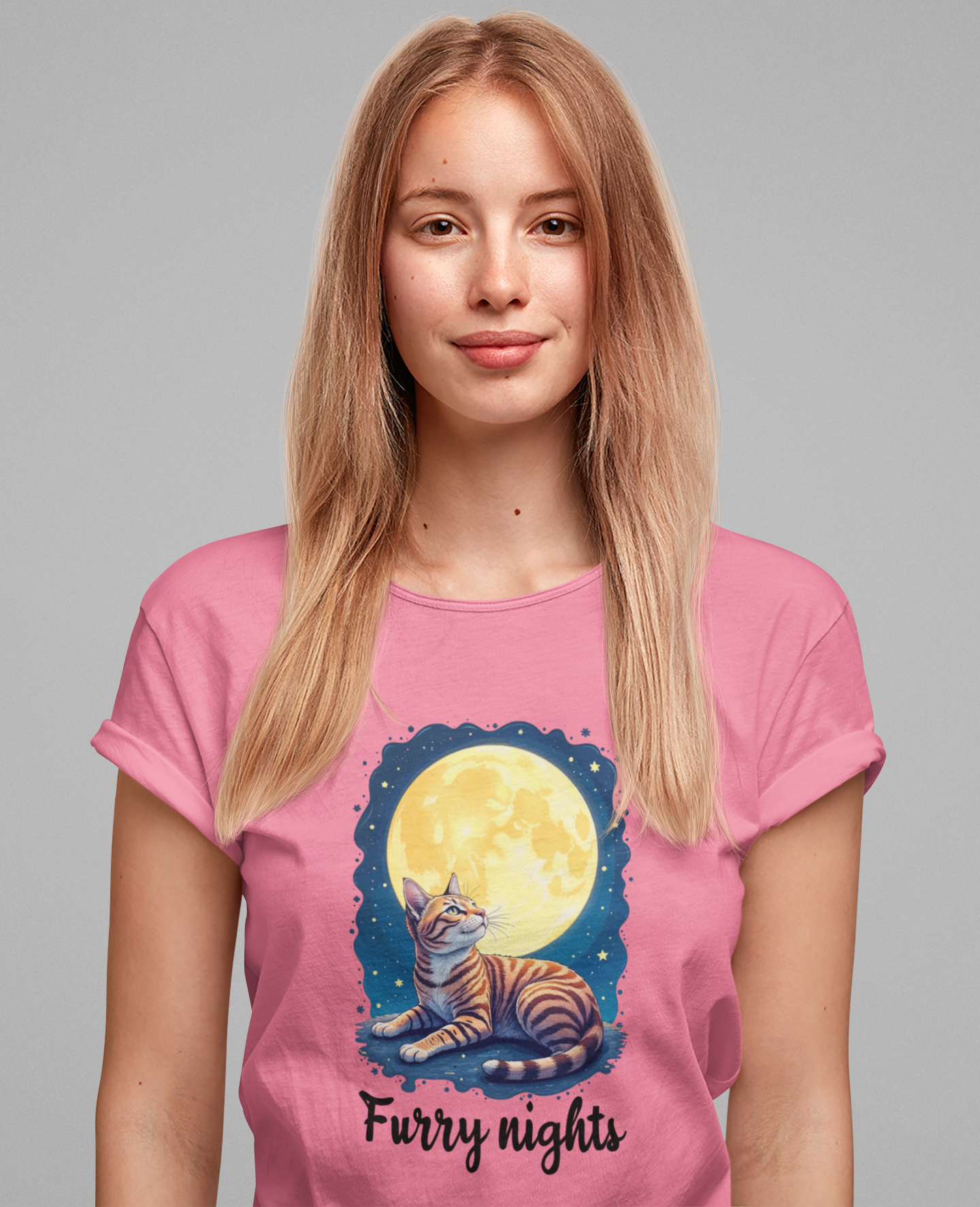 Moon Bath  - Furry Nights – Cat Watching Full Moon and Starry Sky Graphic T-Shirt