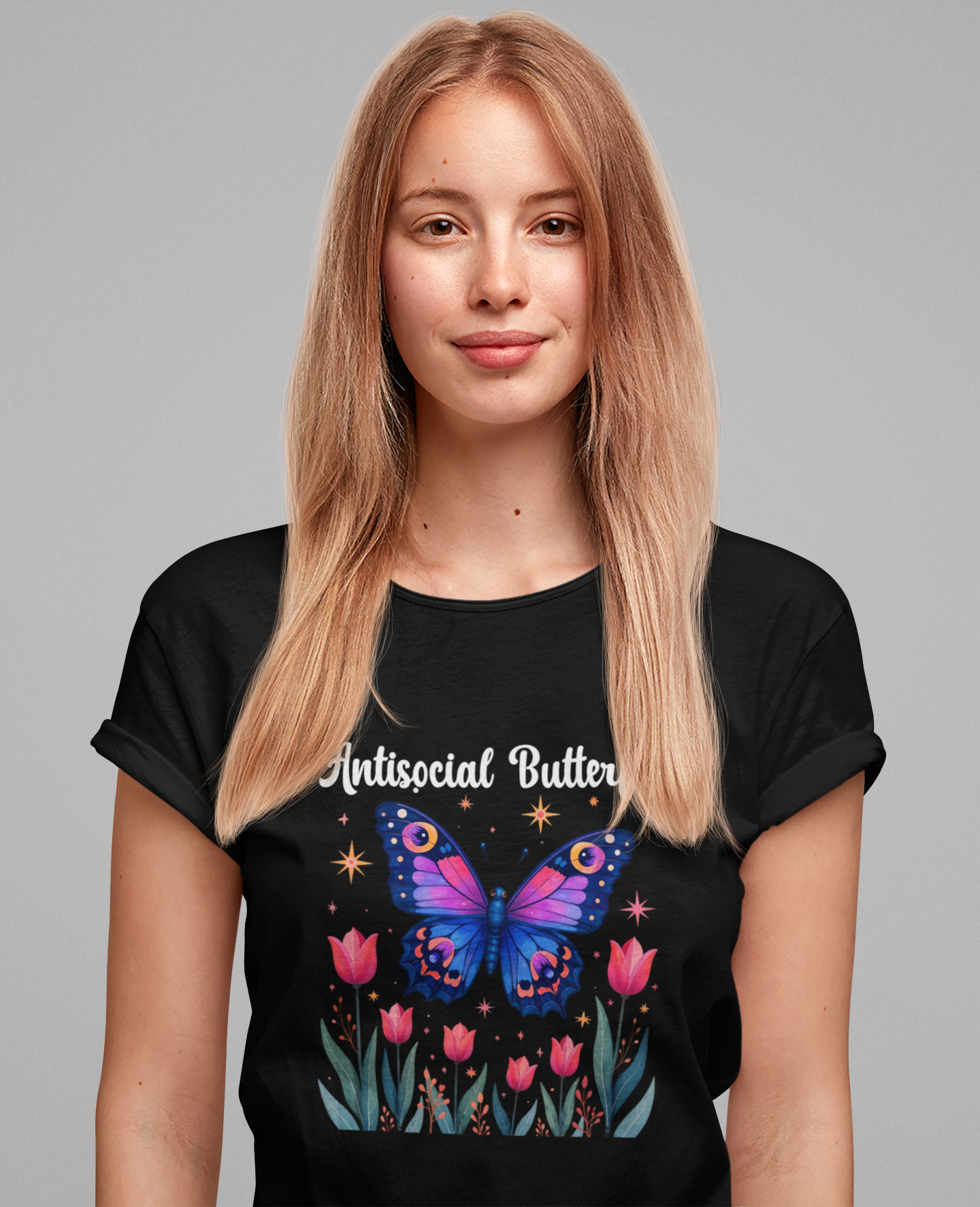 Antisocial Butterfly – Large Butterfly Above Flower Plants Graphic T-Shirt