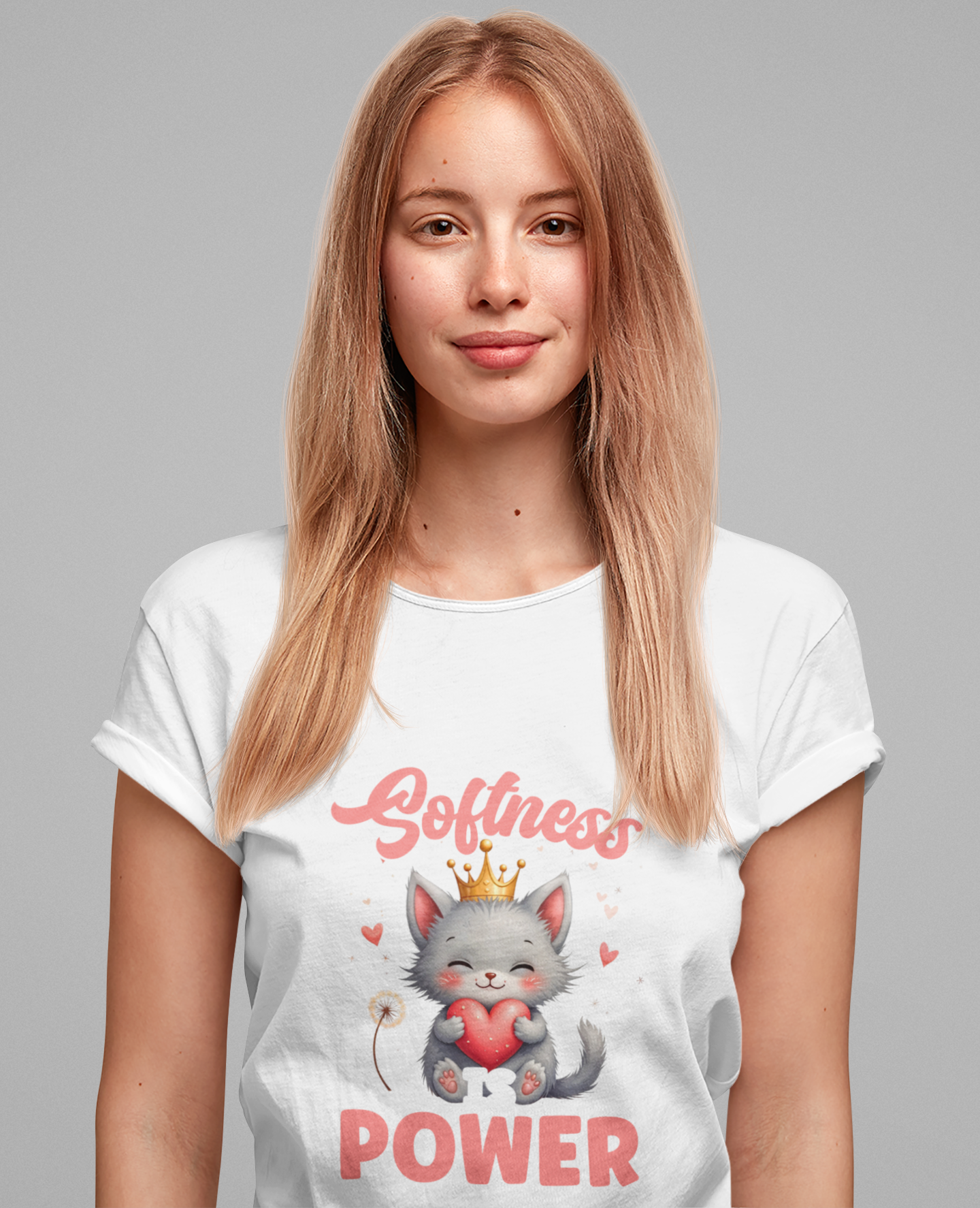 Softness Is Power – Adorable Cat with Heart & Crown Graphic T-Shirt