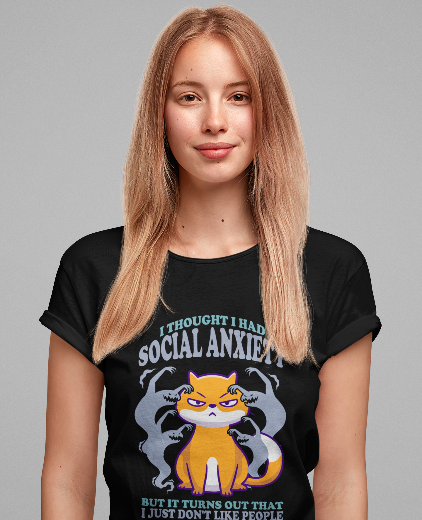 I Thought I Had Social Anxiety Cat T-Shirt – Introvert Humor Cat & Ghosts Graphic Tee