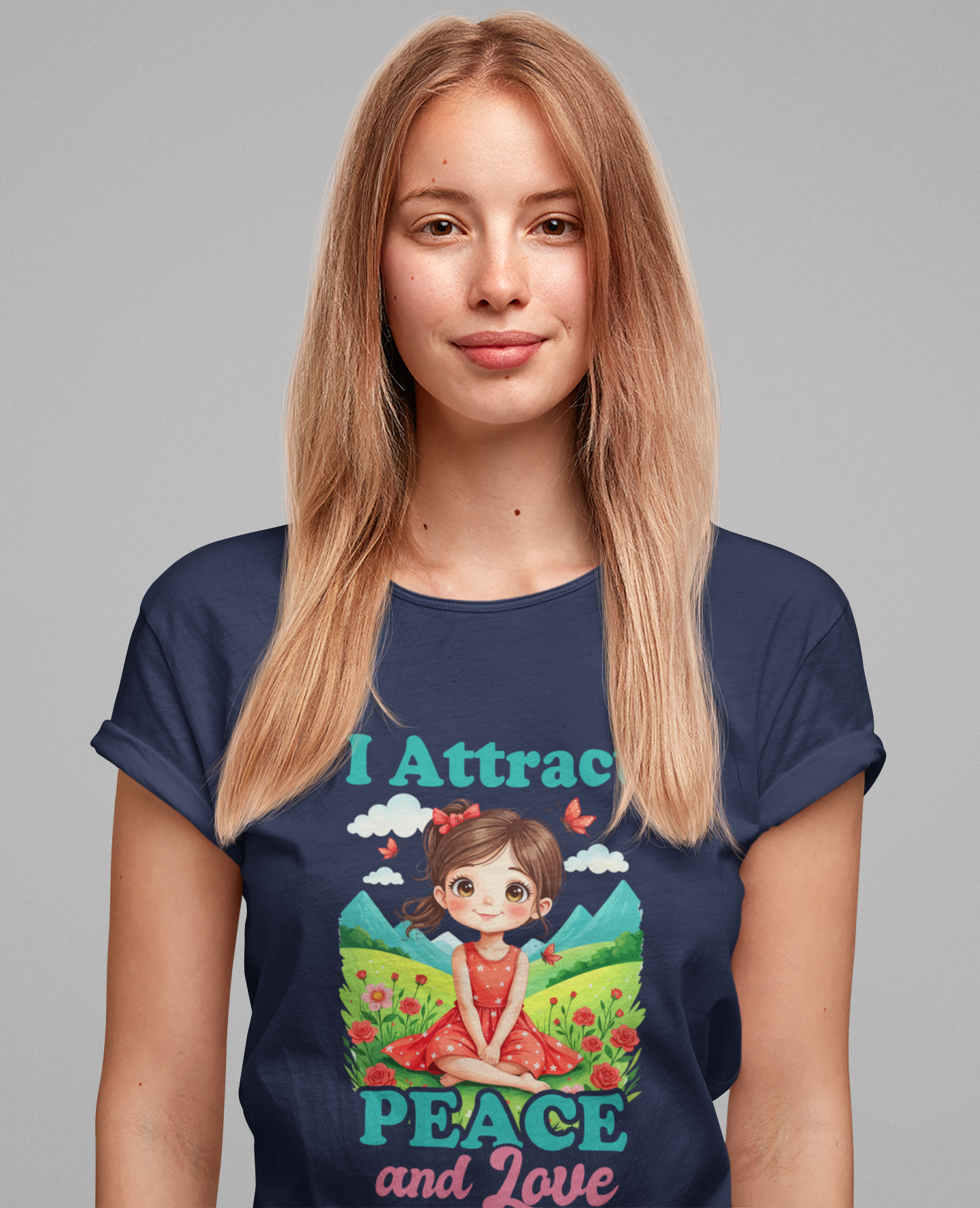 I Attract PEACE & Love – Little Girl in Nature with Butterflies Graphic T-Shirt