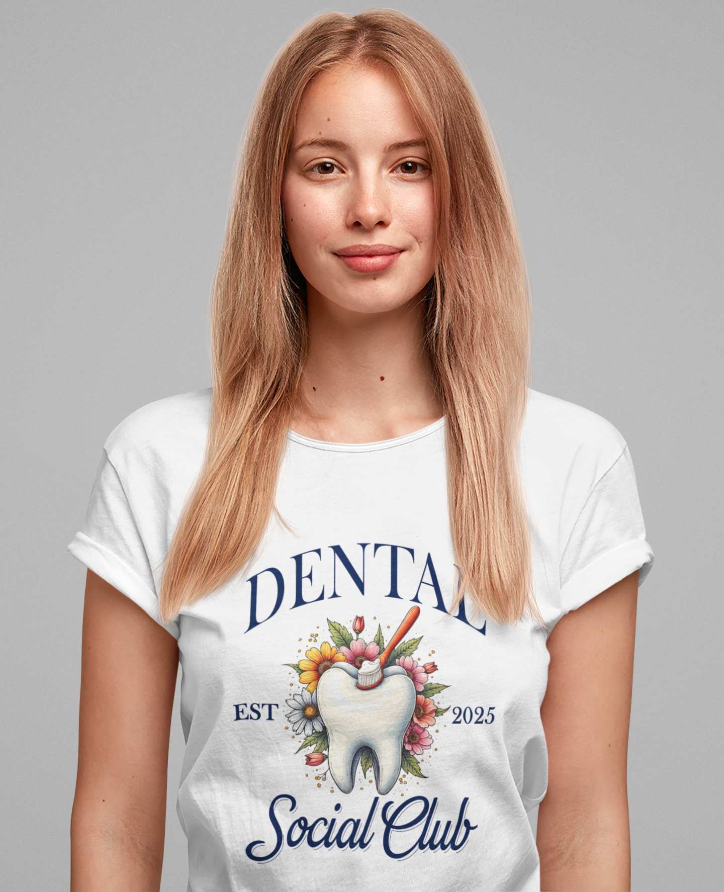 Dental Social Club T Shirt Large Tooth with Brush Paste Flowers Est 2025