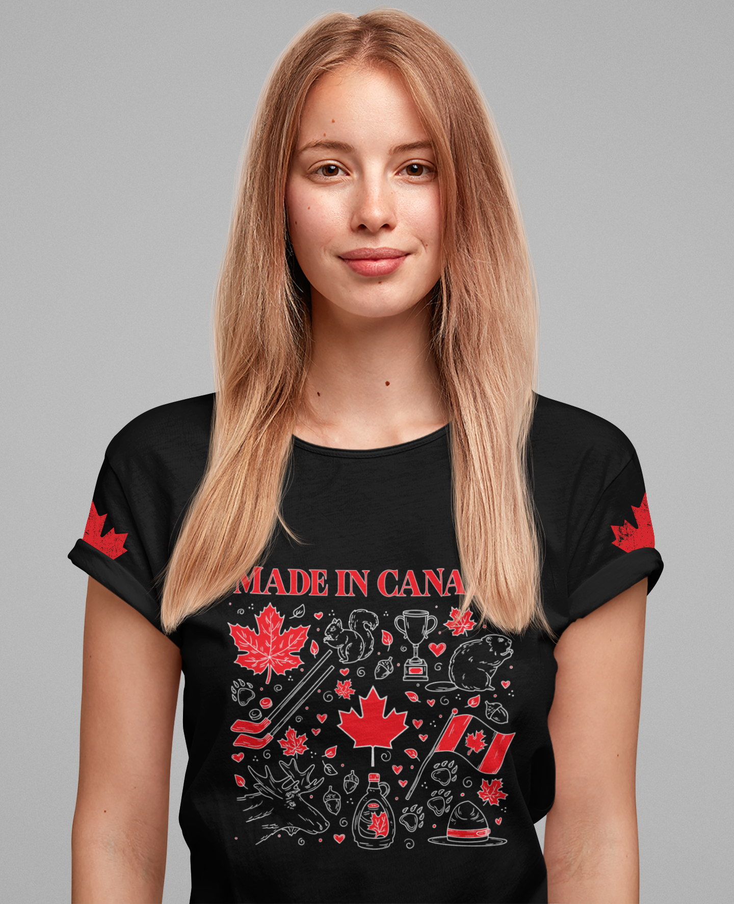 Made In Canada Iconic Symbols - Red & White outline Print T-Shirt