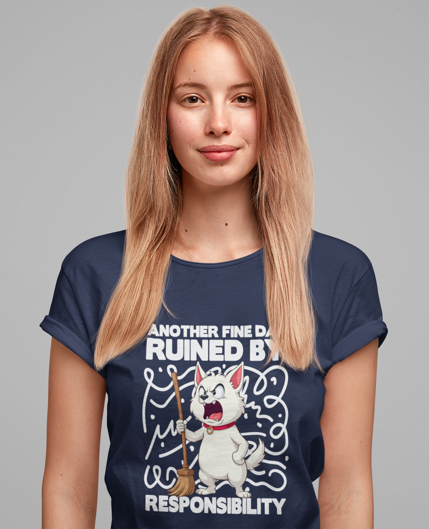 Another Fine Day Ruined By Responsibility T-Shirt – Angry Cat with Broom Graphic Tee