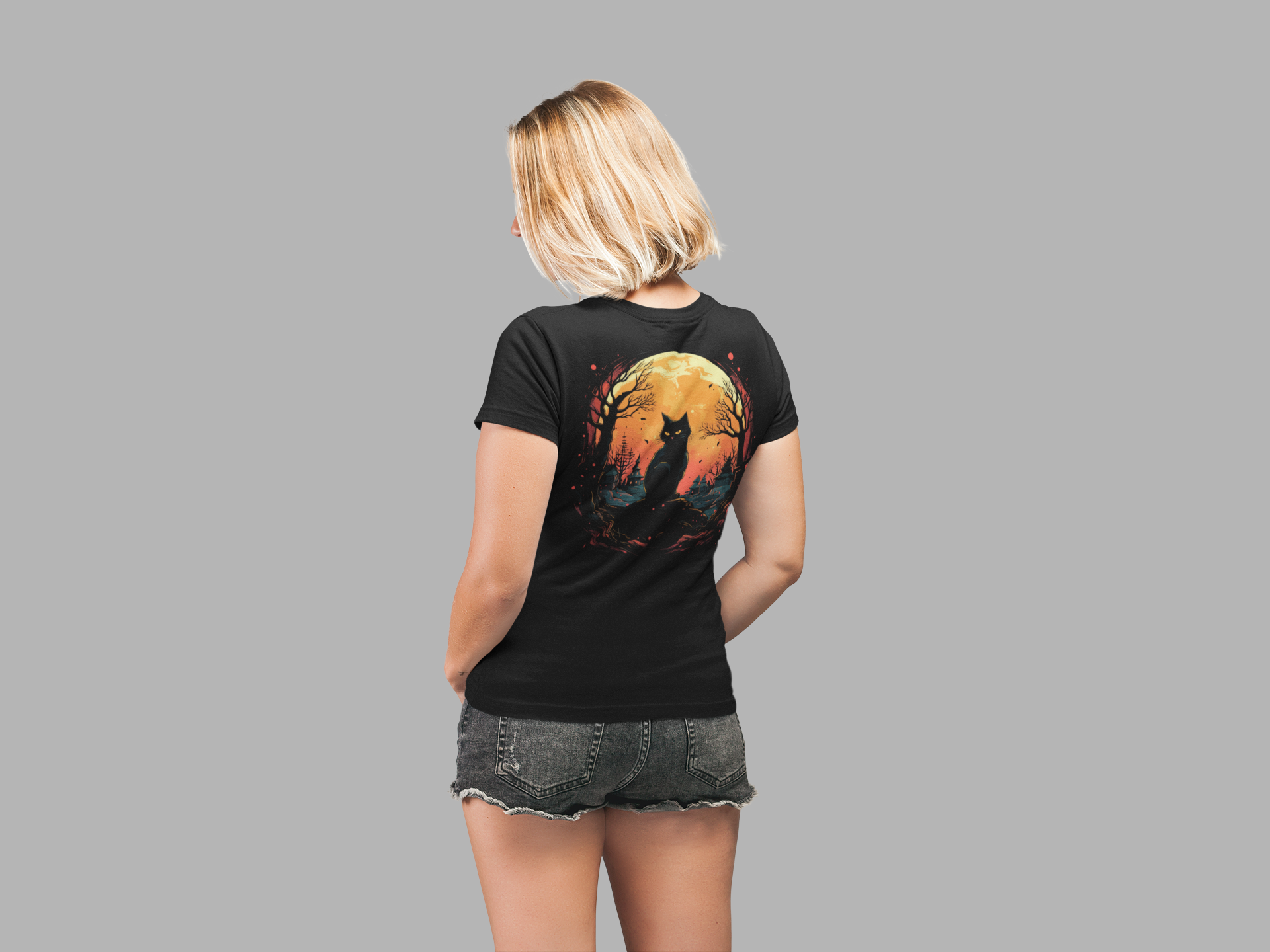 Black Cat Full Harvest Moon Halloween Night T-Shirt