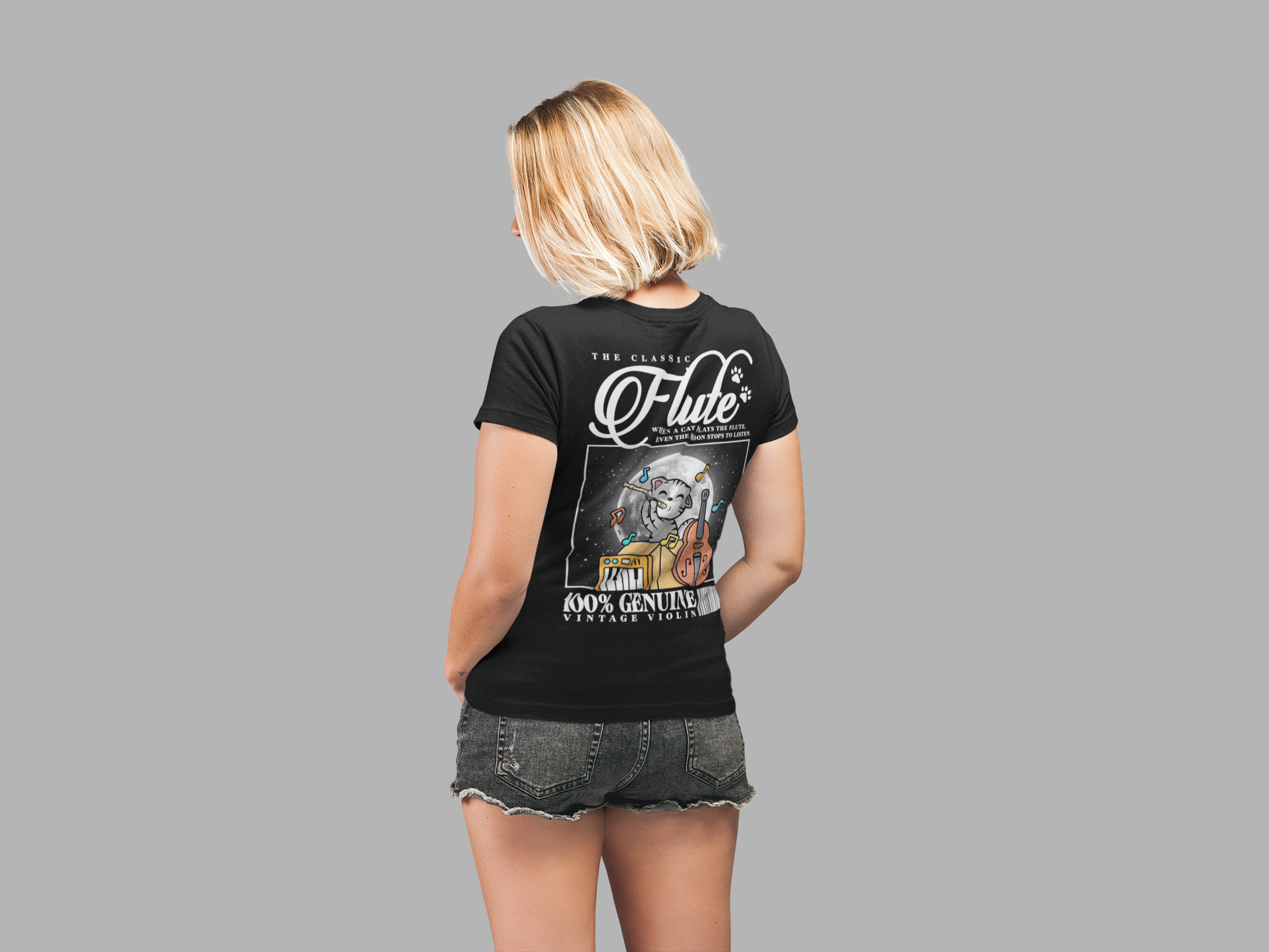 The Classic Flute Moonlight Cat Music T-Shirt