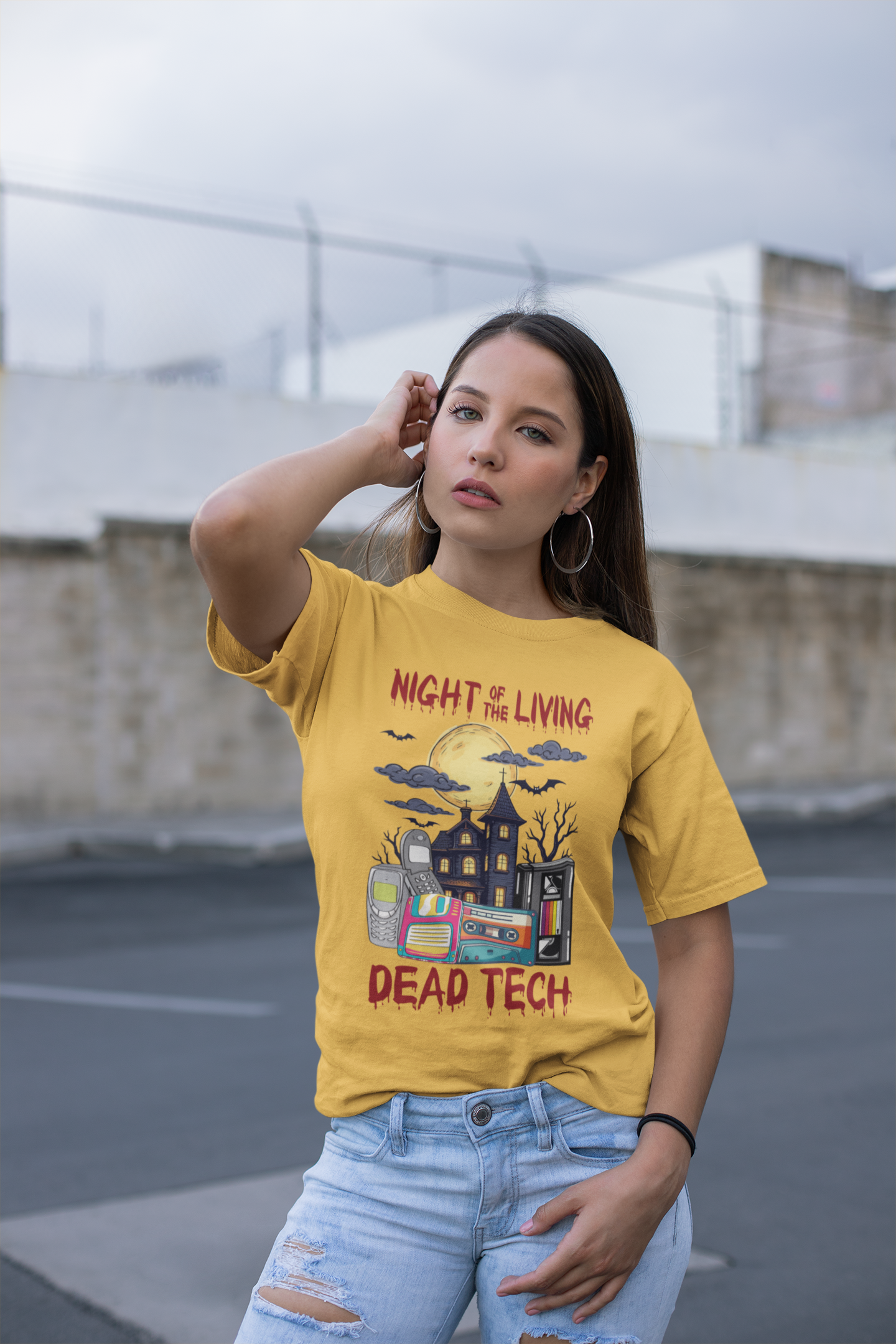 Night of the Living, Dead Tech Tshirt – Haunted Building & Retro Gadgets